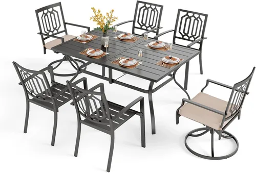 Vista 35 de PHI VILLA Juego de comedor al aire libre de 7 piezas para 6, mesa rectangular de metal negro de 60 pulgadas con agujero para sombrilla y sillas