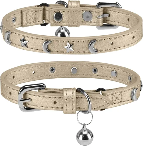 Vista 13 de Collares de cuero DILLYBUD para gatos macho y hembra con campana y cinturón elástico de seguridad, collar ajustable con hebilla de seguridad