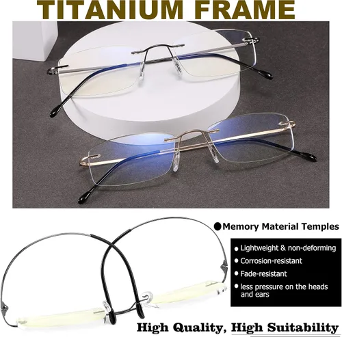 Vista 2 de Paquete de 2 lentes de lectura sin montura de titanio con filtro antideslumbrante de luz azul, lectores de bisagra de resorte ultraligeros