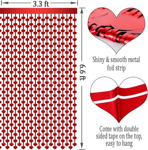 Vista 6 de Abien Cortinas de oropel de corazón, decoraciones de corazón, serpentinas rojas para decoración de fiesta de San Valentín, telón de fondo