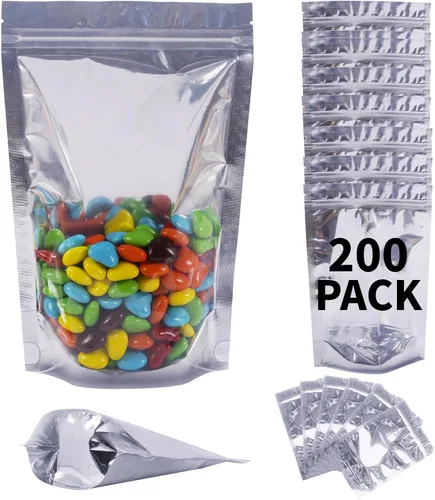 Vista 14 de Paquete de 100 bolsas de Mylar para almacenamiento de alimentos, papel de aluminio resellable, bolsa transparente de pie con ventana frontal de 3.94
