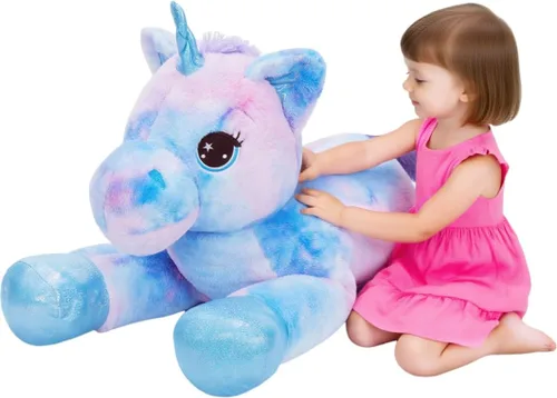 Vista 20 de Tezituor Juguetes de unicornio de peluche de 32 pulgadas, animales de unicornio gigante beige de peluche, encantadoras decoraciones de peluche