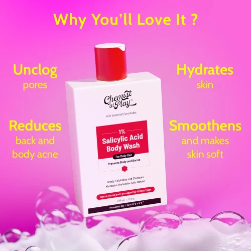 Vista 2 de Chemist at Play Gel de ducha exfoliante suave al 1% de ácido salicílico, sin parabenos ni SLS, evita el acné corporal, la piel rugosa y limpia
