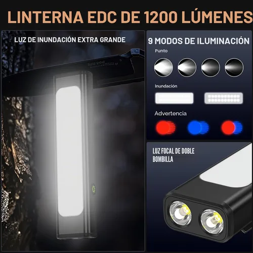 Vista 2 de Linterna de bolsillo, linterna EDC recargable de 1200 lúmenes con clip, puerto USB-C, 3 modos de luz de advertencia impermeable para trabajo Negro
