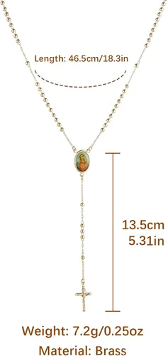 Vista 7 de HZMAN Gold Plated Dainty Choker Necklace Y-Shape Necklace Rosary Bead St. BenedictVirgin of Guadalupe Cross Pendant Adjustable Necklace for Women