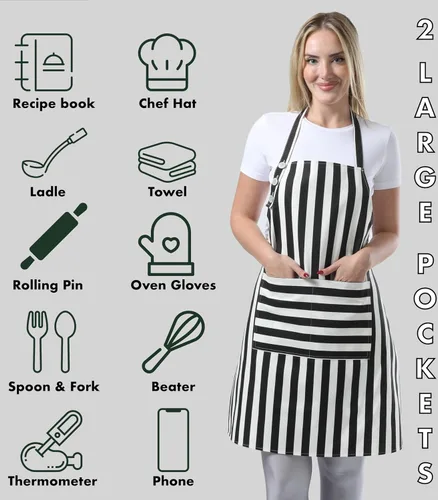 Vista 4 de TOSHEX Delantal de cocina de algodón resistente a las gotas de agua con delantales ajustables para mujeres con bolsillos, delantal de cocina