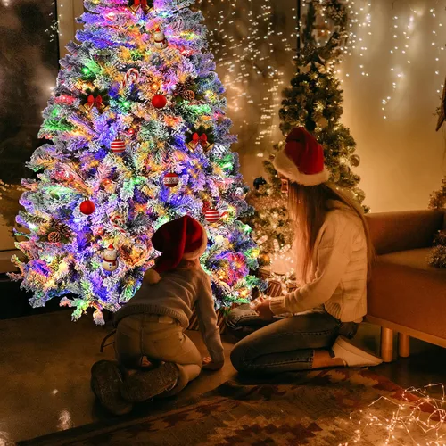 Vista 6 de Árbol de Navidad flocado de 6 pies preiluminado, árbol de Navidad artificial con control remoto, 250 luces LED de color blanco cálido y cambio