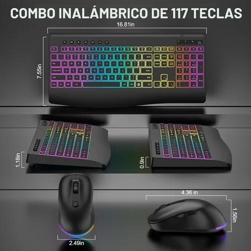 Vista 4 de Combo de teclado y mouse inalámbricos, 9 efectos retroiluminados, teclado retroiluminado recargable de 4000 mAh con reposamuñecas, mouse de 6