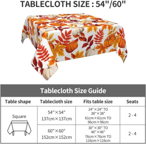 Vista 6 de Thanksgiving Tablecloth Square 52x52 Inch Fall Harvest Autumn Pumpkin Fallen Leaves Maple Leaf Print Decorative Table Cloth Holiday Decorations
