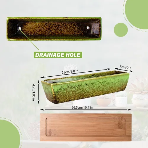 Vista 2 de ARTKETTY Macetas Suculentas, Macetas de Cerámica para Suculentas de 9.8 Pulgadas con Drenaje, Pequeño Bonsái con Bandeja de Bambú, Mini Maceta
