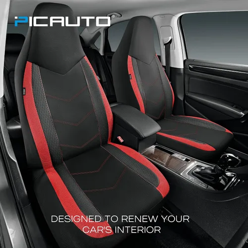 Vista 2 de Pic Auto Fundas de asiento de automóvil de respaldo alto,cuero sintético, compatible con bolsa de aire, ajuste universal, Rojo Espalda alta roja