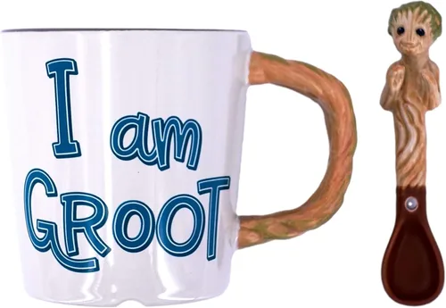 Vista 3 de Disney Parks Exclusive - Taza de café de cerámica con cuchara - I Am Groot, blanco, marrón, verde