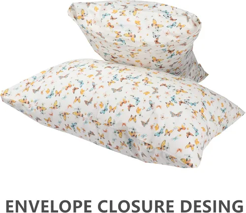Vista 2 de Paquete de 2 fundas de almohada de cuerpo ultra suave, 100% algodón, estampado de mariposas, tamaño Queen