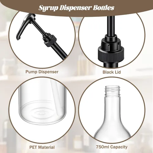 Vista 2 de Paquete de 6 botellas de jarabe de café de 25 onzas con bomba, botellas dispensadoras de jarabe de plástico de cuello largo, accesorios de barra