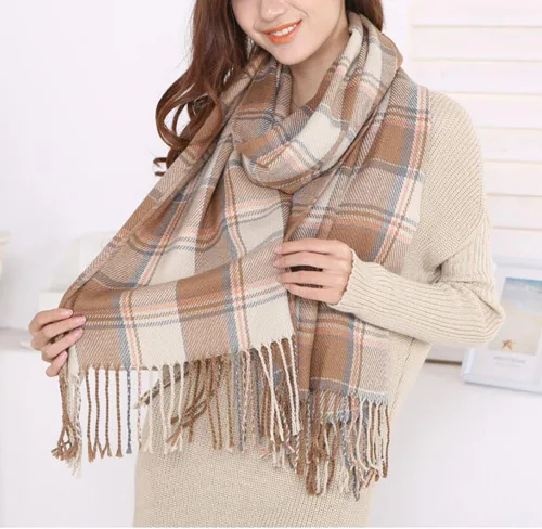 Vista 4 de Wander Agio Chal Largo de Moda para Mujer con Cuadrícula Grande, Bufanda Grande Cálida de Rejilla para Invierno Beige