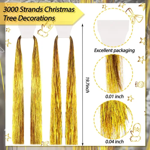 Vista 2 de MTLEE 3000 hebras de decoración para árbol de Navidad, guirnalda de oropel iridiscente, carámbanos de flecos de papel de aluminio para Navidad Dorado
