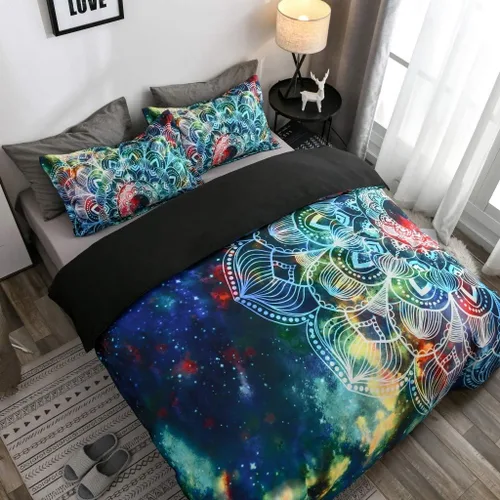 Vista 2 de Juego de funda de edredón de galaxia, diseño floral rústico con mandala, tamaño Queen, espacio exterior bohemio, color azul, Microfibra, Estilo 1