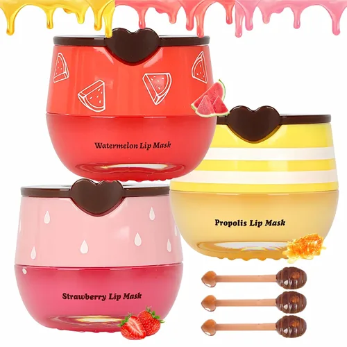 Vista 11 de 2 piezas de mascarilla labial de miel de abeja, mascarilla labial de miel y fresa, bálsamo labial de propóleo hidratante con palo - Exfoliante