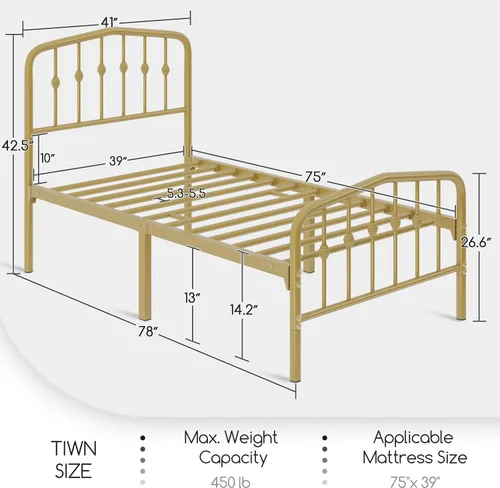 Vista 2 de Yaheetech - Marco de cama de metal individual, 2 piezas, cabecero victoriano, dorado antiguo Sturdy iron frame supports 800 lbs quietly; easy