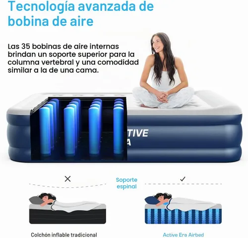 Vista 4 de Active Era Colchón de aire tamaño King con bomba elevada incorporada, colchón inflable elevado de alta calidad con almohada elevada, resistente a