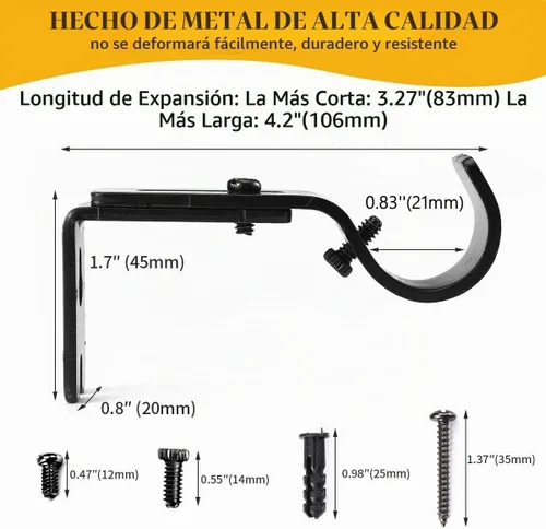 Vista 6 de Soportes de barra de cortina ajustables resistentes para barras de cortina de 3/4 o 5/8 pulgadas (2 unidades, negro)