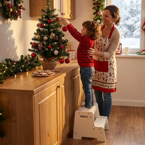 Vista 17 de Taburete de madera barnizado para niños – Taburete infantil de 2 pasos con asas, madera contrachapada de abedul, base antipunta y esquinas