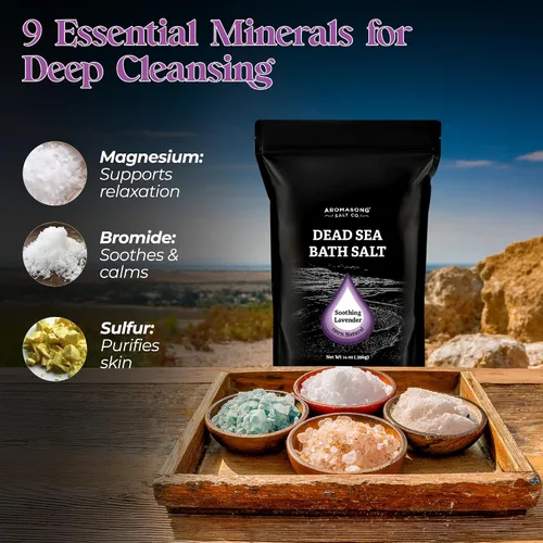 Vista 4 de Aromasong Sal pura del mar muerto para remojar con lavanda 100 % natural, 14 onzas, sal de baño de spa de grano fino, exfoliante de lavado corporal
