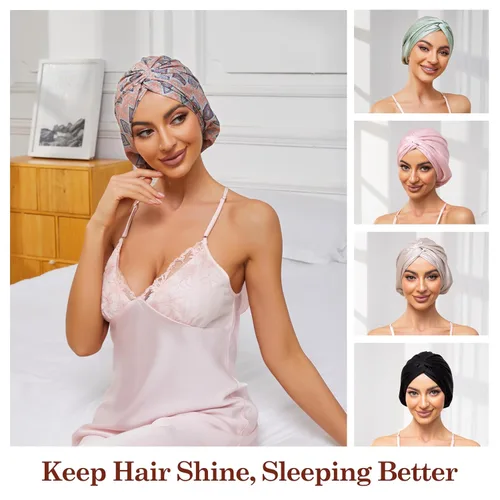 Vista 109 de Gorro de satén de seda ajustable para envolver el cabello para dormir, gorro de dormir de doble capa, turbante nocturno para cabello largo y rizado