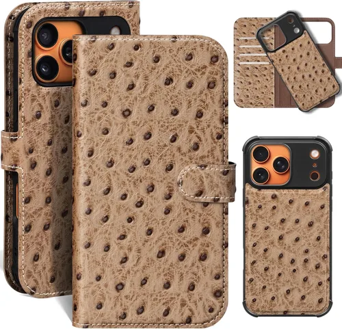 Vista 21 de Funda de cuero compatible con iPhone 16 Pro Max Cartera 6.9", cuero genuino 2 en 1, magnética, desmontable, a prueba de golpes, funda tipo folio