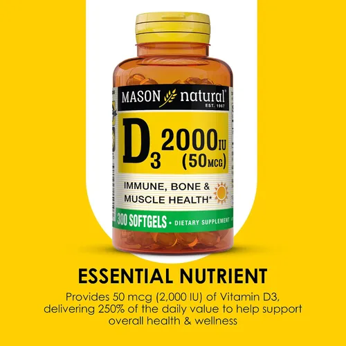 Vista 4 de MASON NATURAL Vitamina D3 2,000 UI Ultra Fuerza, Apoya la Densidad Ósea, Fuerza y Salud Inmune, 300 Cápsulas Blandas