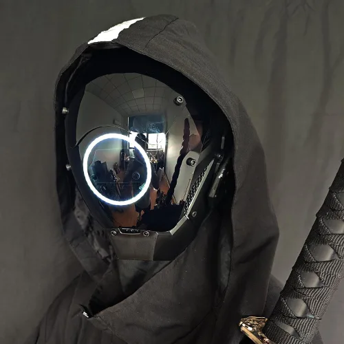 Vista 2 de Máscara punk cosplay para hombres, máscara de luz redonda LED para mujeres, cosplay, Halloween, fiesta, festival de música, accesorios