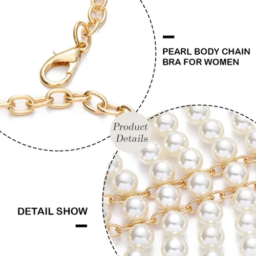Vista 6 de Collar de chal de cadena de cuerpo de perlas, sujetador de perlas, cadena de hombro con cuentas sin espalda, cadenas en el pecho, traje rave