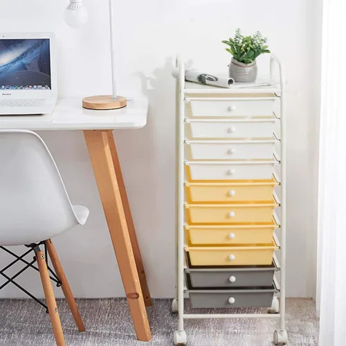 Vista 3 de Giantex - Carro de almacenamiento con ruedas, 10 cajones, organizador para papelería, oficina o escuela (Beige+Amarillo+Gris)