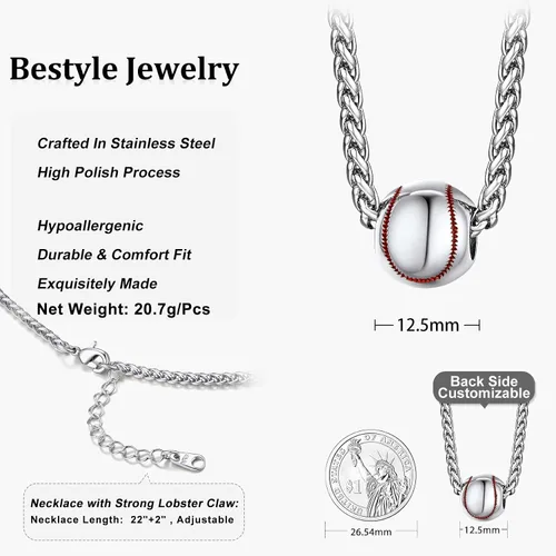 Vista 7 de Bestyle Collar con colgantes de bola vívida para hombre, acero inoxidable sólido, fútbol, baloncesto, voleibol, pelota de rugby, béisbol, plateado
