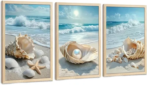 Vista 16 de SYWENNOI 3 piezas de arte de pared de playa con marco de madera, juego de 3 impresiones costeras, conchas marinas, estrellas de mar, olas, orilla