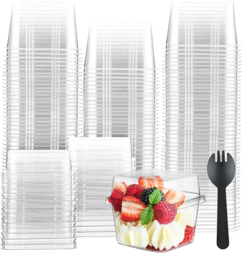 Vista 10 de Tanlade - Juego de 100 tazas de postre transparentes de 8 onzas con tapas y tenedores, tazas de plástico rectangulares desechables parfait