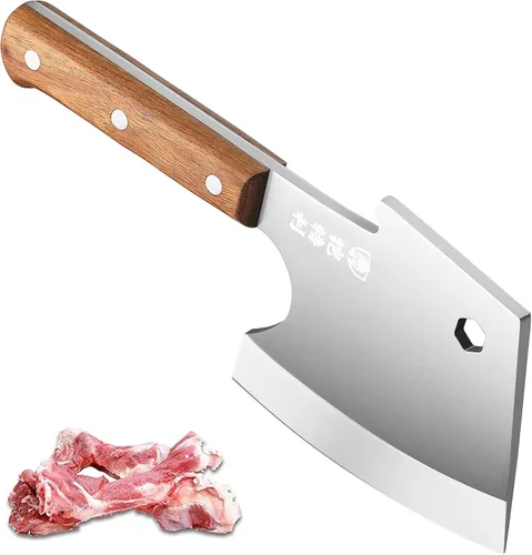 Vista 10 de Kitory Cuchilla de carne, cuchillo de corte de huesos resistente, hoja súper gruesa en forma de hachas de espiga completa, rompe huesos, cuchillo