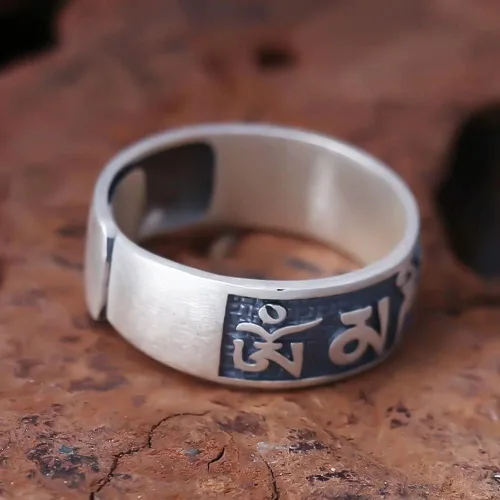 Vista 4 de JUNTEN Anillo de plata de ley 925 budista tibetana Om Mani Padme Hum Mantra para hombres y mujeres, anillos abiertos de 0.315in de ancho ajustables