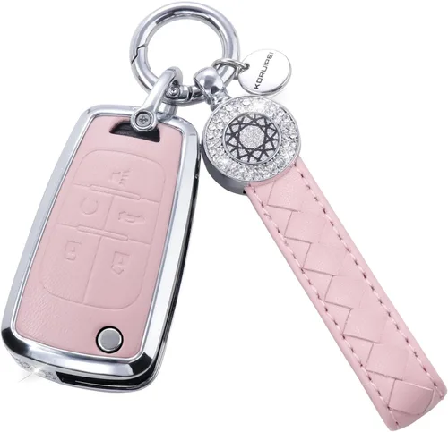Vista 47 de Funda para llave inteligente con llavero, de piel auténtica color rosa, con cristales, carcasa protectora