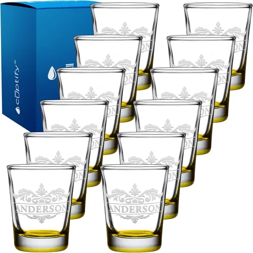 Vista 24 de Vaso de chupito personalizado con nombre de círculo elaborado de 2 onzas, parte inferior negra grabada con texto personalizado para regalos, bodas