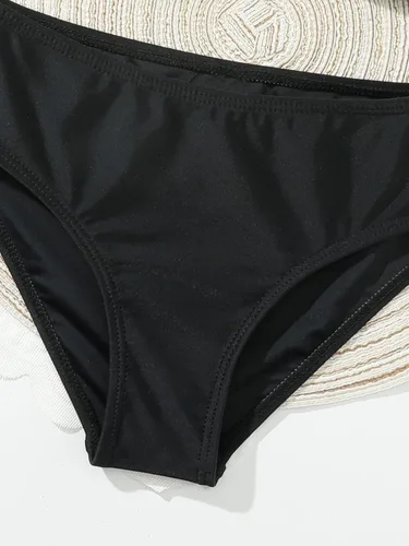 Vista 4 de MakeMeChic Conjunto de bikini sólido de verano para niña, traje de baño de dos piezas, cuello en V, correa ajustable