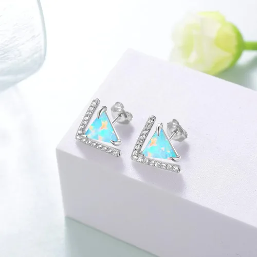Vista 4 de Aretes triangulares de ópalo para mujer, aretes de ópalo triángulo de plata de ley 925 con circonita cúbica 5A, joyería geométrica de ópalo colorido