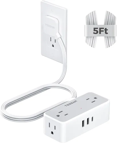Vista 15 de Cable de extensión plano de 5 pies, TESSAN Regleta de protección contra sobretensiones con 4 tomas de CA ampliamente espaciadas, protección contra