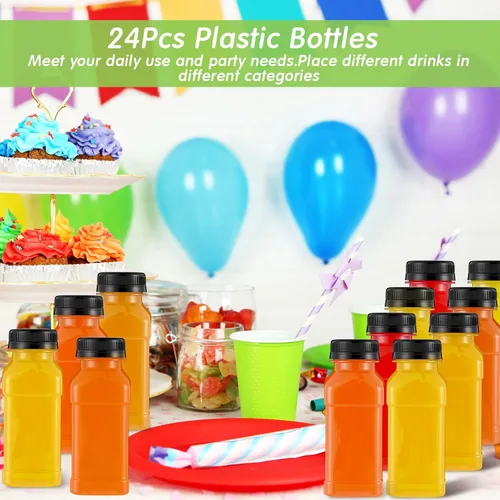 Vista 4 de Mifoci 24 botellas de plástico de 6.7 onzas con tapas, pequeños recipientes reutilizables para jugo con tapas, recipientes vacíos transparentes