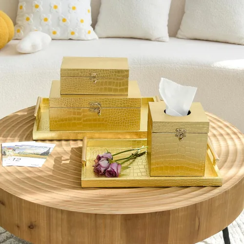 Vista 3 de Juego de 2 cajas de almacenamiento decorativas de madera, cuero de cocodrilo dorado con cierre para el hogar, cocina, sala de estar, regalo ideal