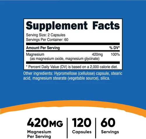 Vista 2 de Nutricost Magnesio + Extra Strength 420 mg, 120 cápsulas - 60 porciones. Óxido de magnesio y glicinato - Sin OMG, sin gluten, vegano
