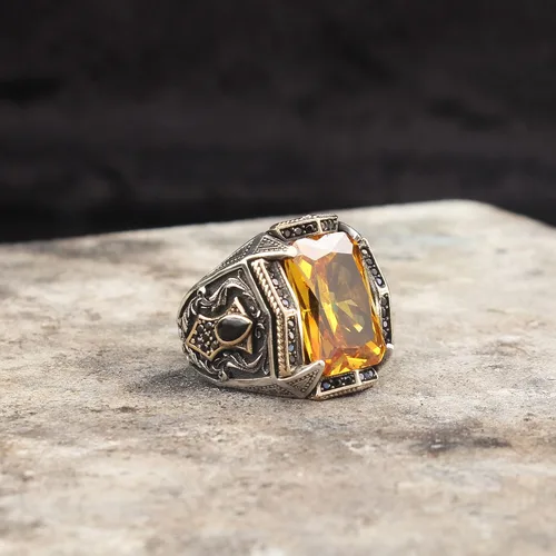 Vista 3 de BayVog Anillo de plata de ley 925 con piedra de citrino para hombre, anillo de citrino para hombre, anillo grabado hecho a mano para hombre, anillo