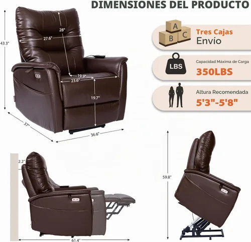 Vista 3 de EONIX Silla reclinable de pared con doble motor para ancianos, color marrón Marrón oscuro