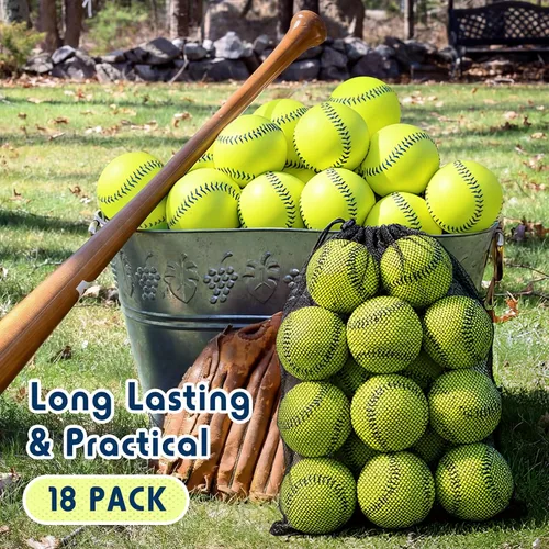 Vista 7 de Lewtemi Paquete de 18 pelotas de sóftbol amarillas para práctica deportiva de tamaño y peso oficial de sóftbol de lanzamiento lento con 1 bolsa