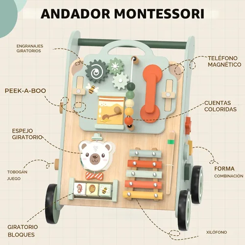Vista 4 de WOODMAM Andador de madera para bebé, Andador de bebé ajustable para empujar para niños de 1 año, Andador Montessori 10 en 1 para niños y niñas